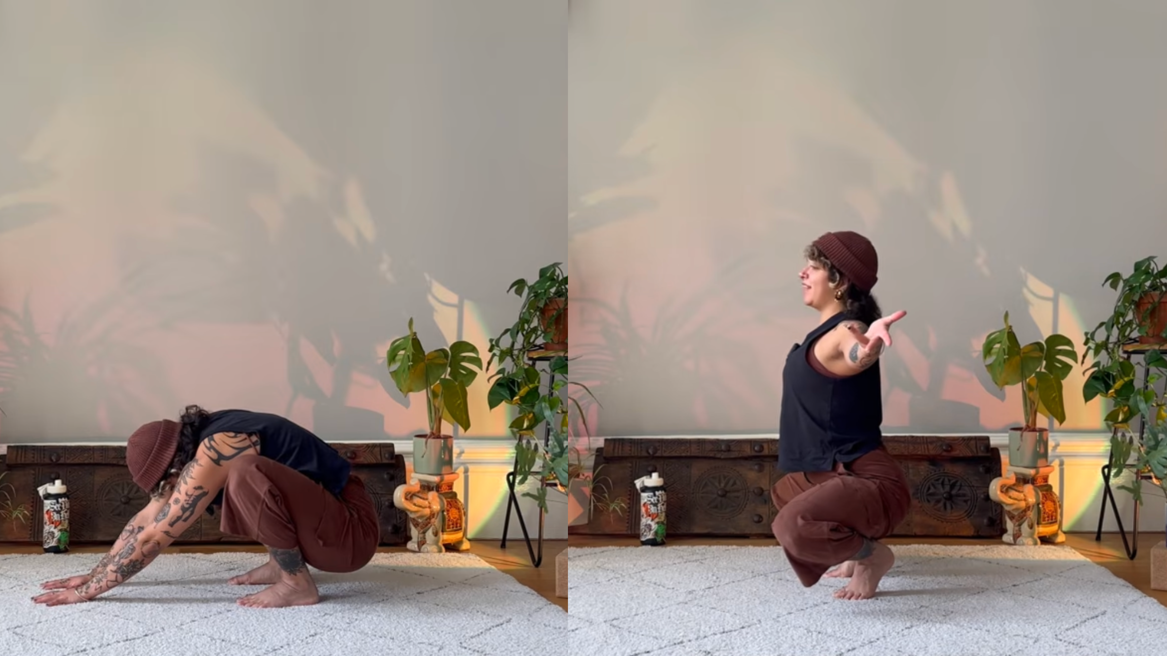Yoga teacher Olive Walton practicing Squat stretches.